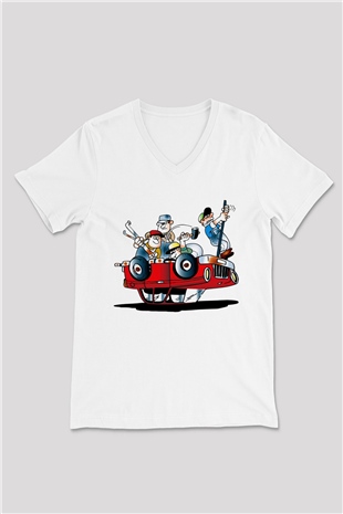 Araba tamircisi Beyaz Unisex V Yaka Tişört T-Shirt