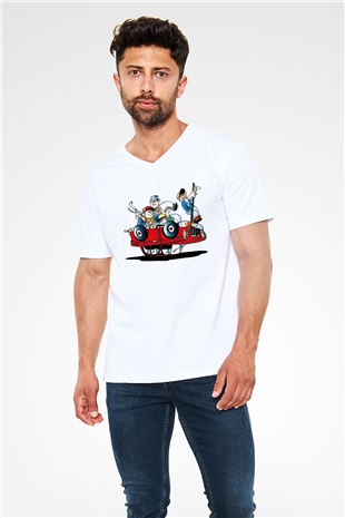 Araba tamircisi Beyaz Unisex V Yaka Tişört T-Shirt