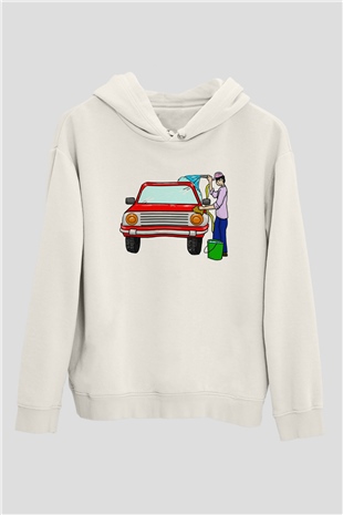 Araba yıkayıcısı Beyaz Unisex Kapüşonlu Sweatshirt