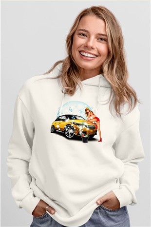 Araba yıkayıcısı Beyaz Unisex Kapüşonlu Sweatshirt
