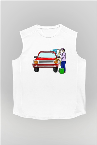 Araba yıkayıcısı Beyaz Unisex Kolsuz Tişört