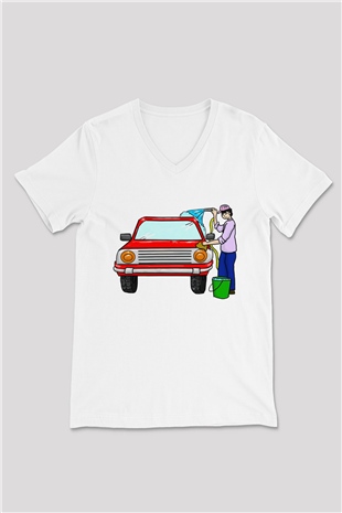 Araba yıkayıcısı Beyaz Unisex V Yaka Tişört