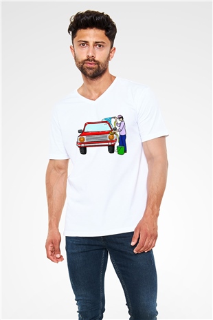 Araba yıkayıcısı Beyaz Unisex V Yaka Tişört