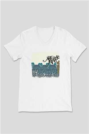 Arcade Fire Baskılı Unisex Beyaz V Yaka Tişört