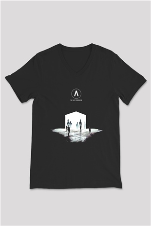 Archive Baskılı Unisex Siyah V Yaka Tişört - Tshirt