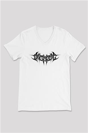 Archspire Baskılı Beyaz Unisex V Yaka Tişört - Tshirt