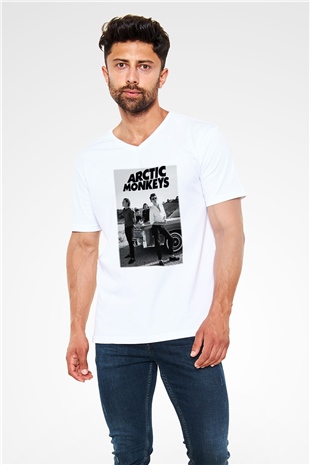 Arctic Monkeys Beyaz Unisex V Yaka Tişört T-Shirt