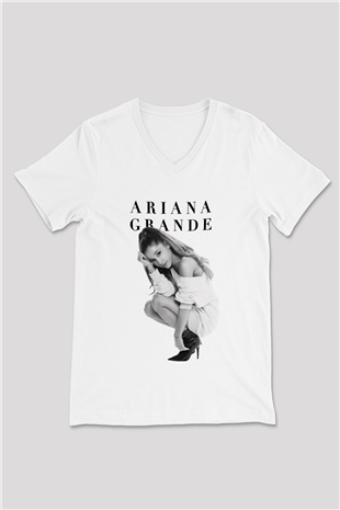 Ariana Grande Beyaz Unisex V Yaka Tişört T-Shirt