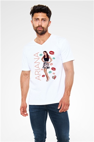 Ariana Grande Beyaz Unisex V Yaka Tişört T-Shirt