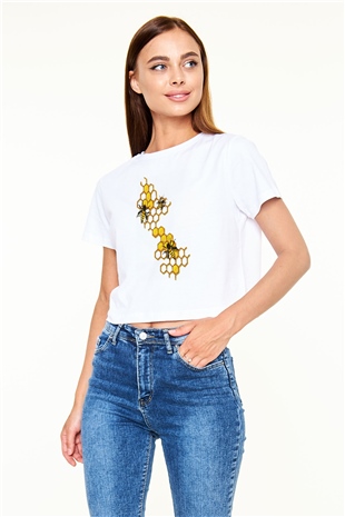 Arıcı Beyaz  Crop Top Tişört