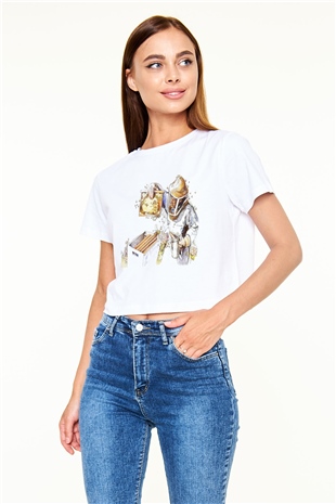 Arıcı Beyaz Croptop Tişört