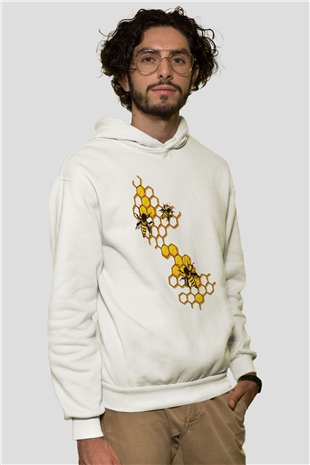 Arıcı Beyaz Unisex Kapüşonlu Sweatshirt