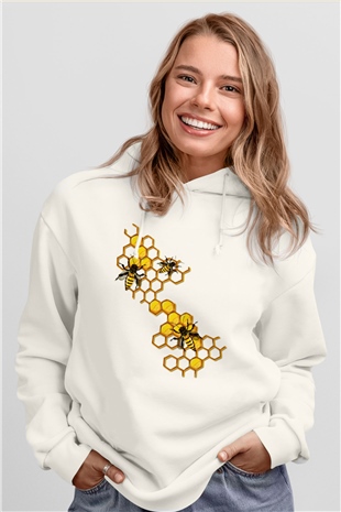 Arıcı Beyaz Unisex Kapüşonlu Sweatshirt