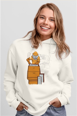 Arıcı Beyaz Unisex Kapüşonlu Sweatshirt