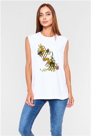Arıcı Beyaz Unisex Kolsuz Tişört