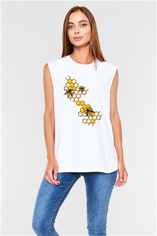 Arıcı Beyaz Unisex Kolsuz Tişört