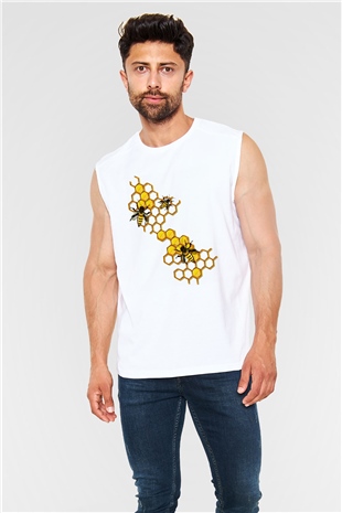 Arıcı Beyaz Unisex Kolsuz Tişört