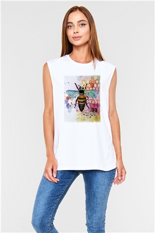 Arıcı Beyaz Unisex Kolsuz Tişört