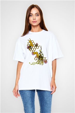 Arıcı Beyaz Unisex Oversize Tişört T-Shirt