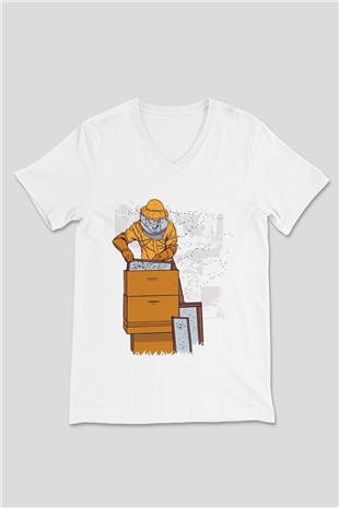 Arıcı Beyaz Unisex V Yaka Tişört