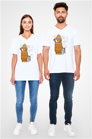 Arıcı Beyaz Unisex V Yaka Tişört