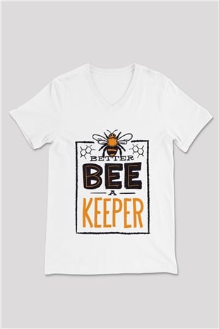 Arıcı Beyaz Unisex V Yaka Tişört
