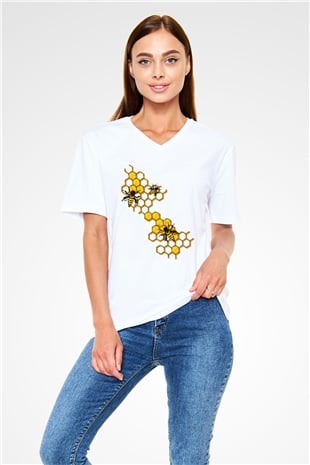Arıcı Beyaz Unisex V Yaka Tişört
