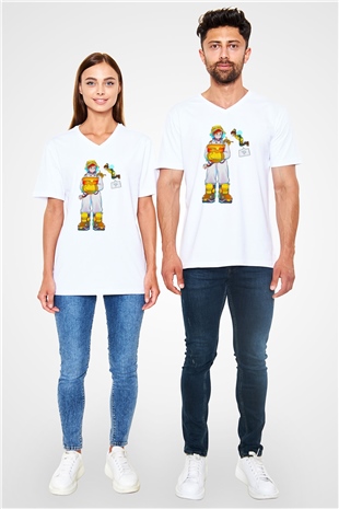Arıcı Beyaz Unisex V Yaka Tişört