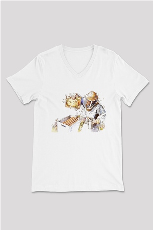 Arıcı Beyaz Unisex V Yaka Tişört T-Shirt