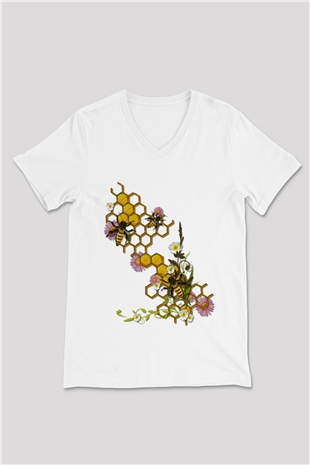 Arıcı Beyaz Unisex V Yaka Tişört T-Shirt
