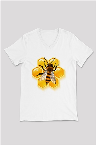 Arıcı Beyaz Unisex V Yaka Tişört T-Shirt