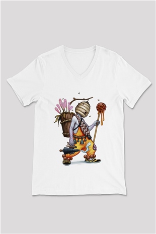 Arıcı Beyaz Unisex V Yaka Tişört T-Shirt