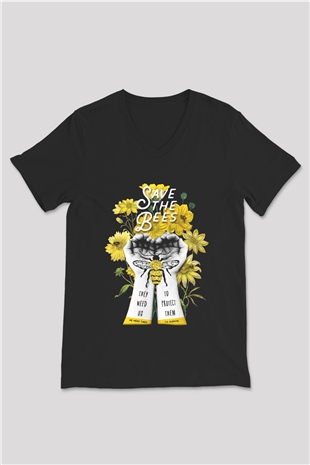 Arıcı Siyah Unisex V Yaka Tişört T-Shirt