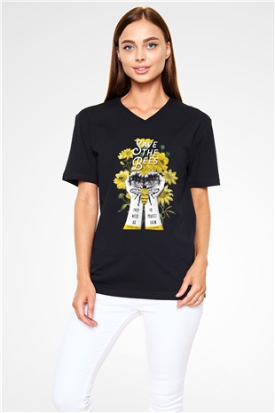 Arıcı Siyah Unisex V Yaka Tişört T-Shirt