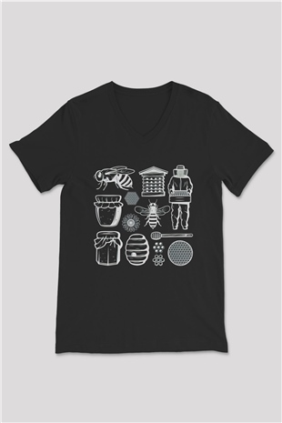 Arıcı Siyah Unisex V Yaka Tişört T-Shirt