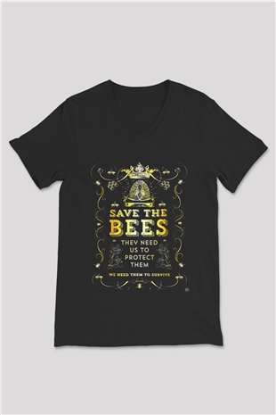 Arıcı Siyah Unisex V Yaka Tişört T-Shirt