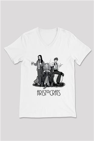 Aristocrats Baskılı Beyaz Unisex V Yaka Tişört - Tshirt