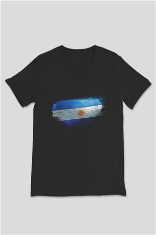 Arjantin - Argentina Bayrağı Baskılı Unisex Siyah V Yaka Tişört