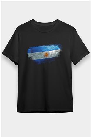 Arjantin - Argentina Bayrağı Baskılı Unisex Siyah Tişört