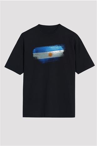 Arjantin - Argentina Bayrağı Baskılı Unisex Siyah Oversize Tişört