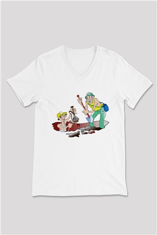 Arkeolog Beyaz Unisex V Yaka Tişört T-Shirt