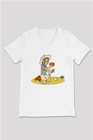 Arkeolog Beyaz Unisex V Yaka Tişört T-Shirt