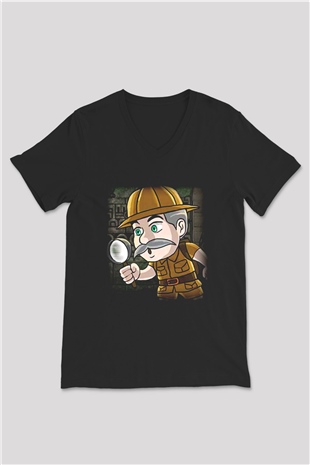 Arkeolog Siyah Unisex V Yaka Tişört T-Shirt