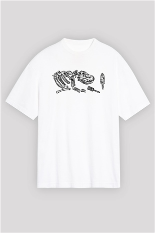 Arkeoloji Dinazor Baskılı Unisex Beyaz Oversize Tişört