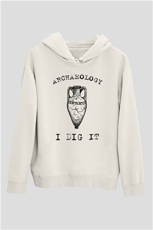Arkeoloji Kazı Baskılı Unisex Beyaz Hoodie