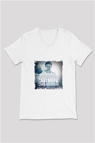 Armin Van Buuren Baskılı Beyaz V Yaka Unisex Tişört