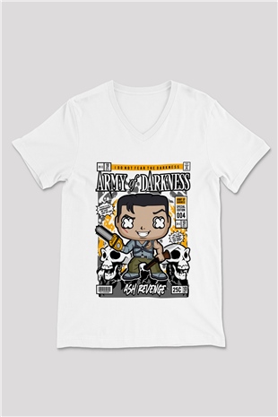 Army Of Darkness Baskılı Unisex Beyaz V Yaka Tişört