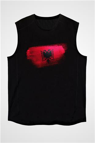 Arnavutluk - Albania Bayrağı Baskılı Unisex Siyah Kolsuz Tişört