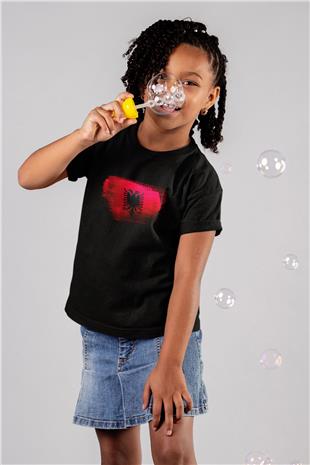Arnavutluk - Albania Bayrağı Baskılı Unisex Siyah Çocuk Tişörtü