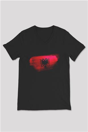 Arnavutluk - Albania Bayrağı Baskılı Unisex Siyah V Yaka Tişört